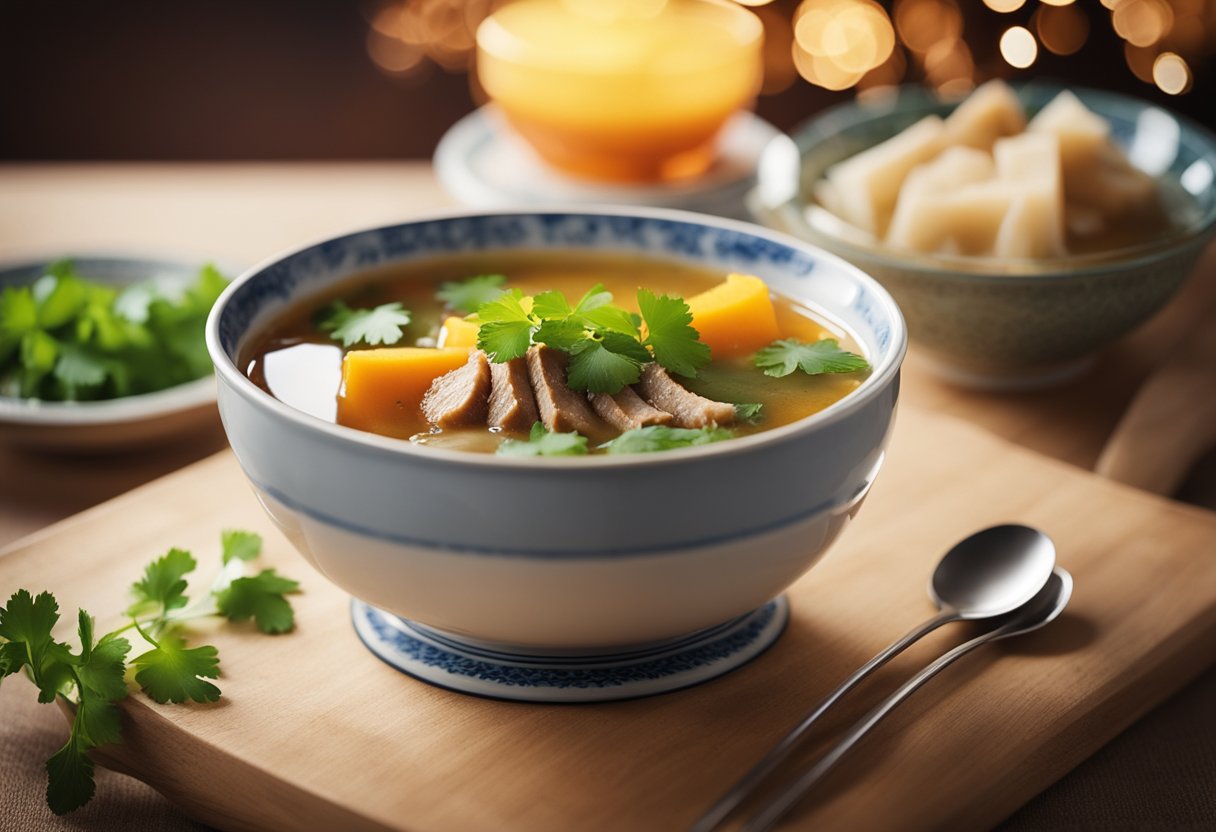 Steam rises from a steaming bowl of Chinese pork and squash soup, garnished with fresh cilantro and a sprinkle of red pepper flakes. A pair of chopsticks rests on the side of the bowl