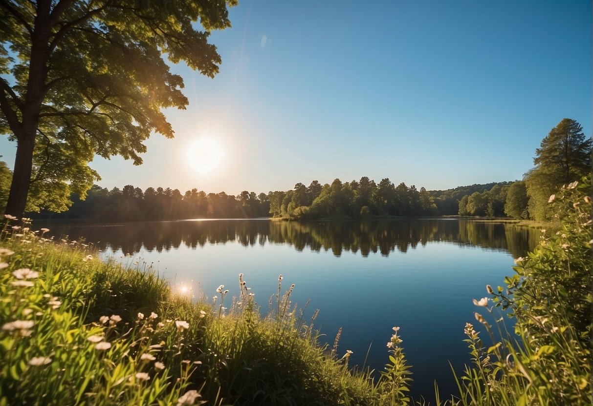 A serene landscape with a clear blue sky, a tranquil lake, and vibrant greenery. Sunlight gently illuminates the scene, evoking a sense of peace and gratitude