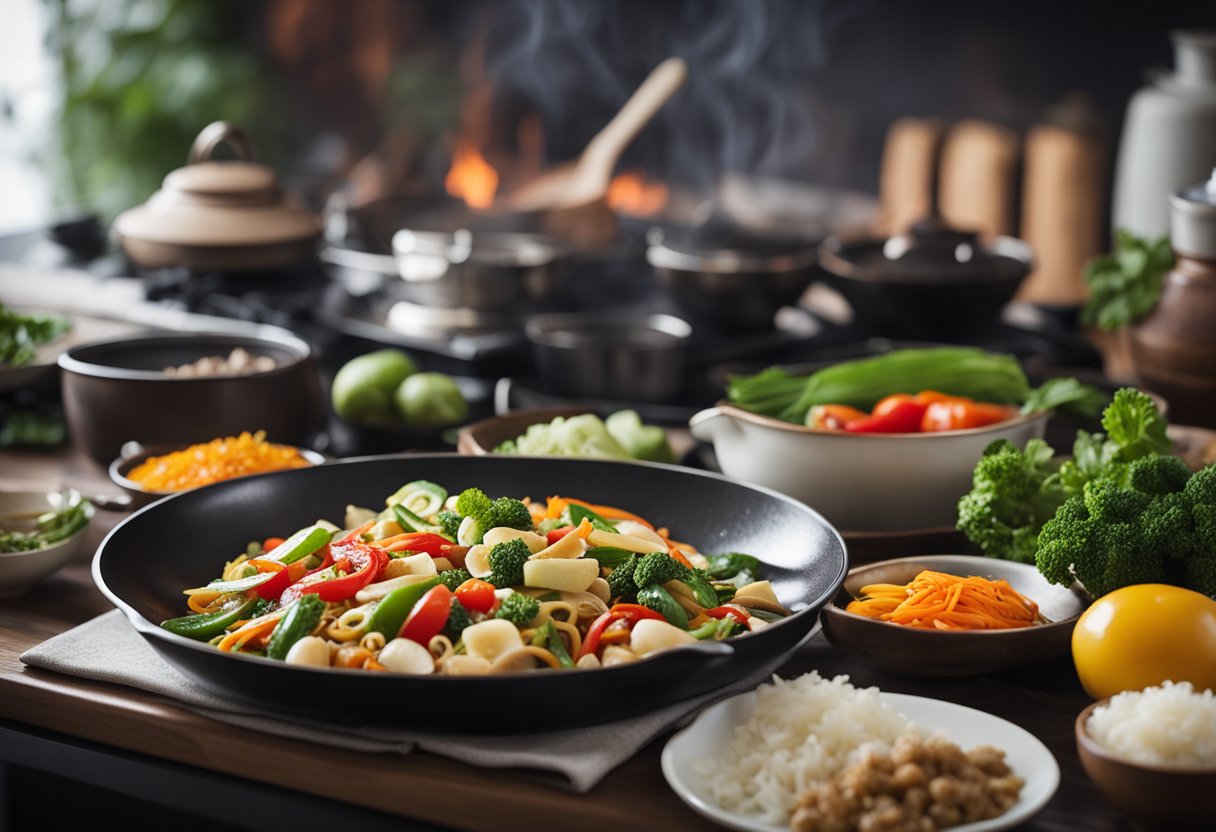 A table filled with colorful ingredients and cooking utensils, with a wok sizzling on a stove. A recipe book open to "Top 12 Easy Chinese Recipes" sits nearby