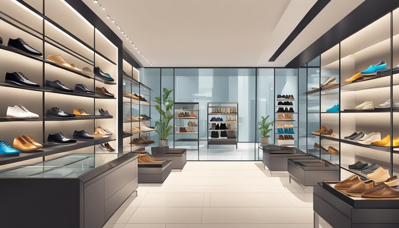 A well-lit shoe store in Singapore displays a variety of dress shoes on sleek shelves and glass displays. Bright signage and a modern interior add to the inviting atmosphere