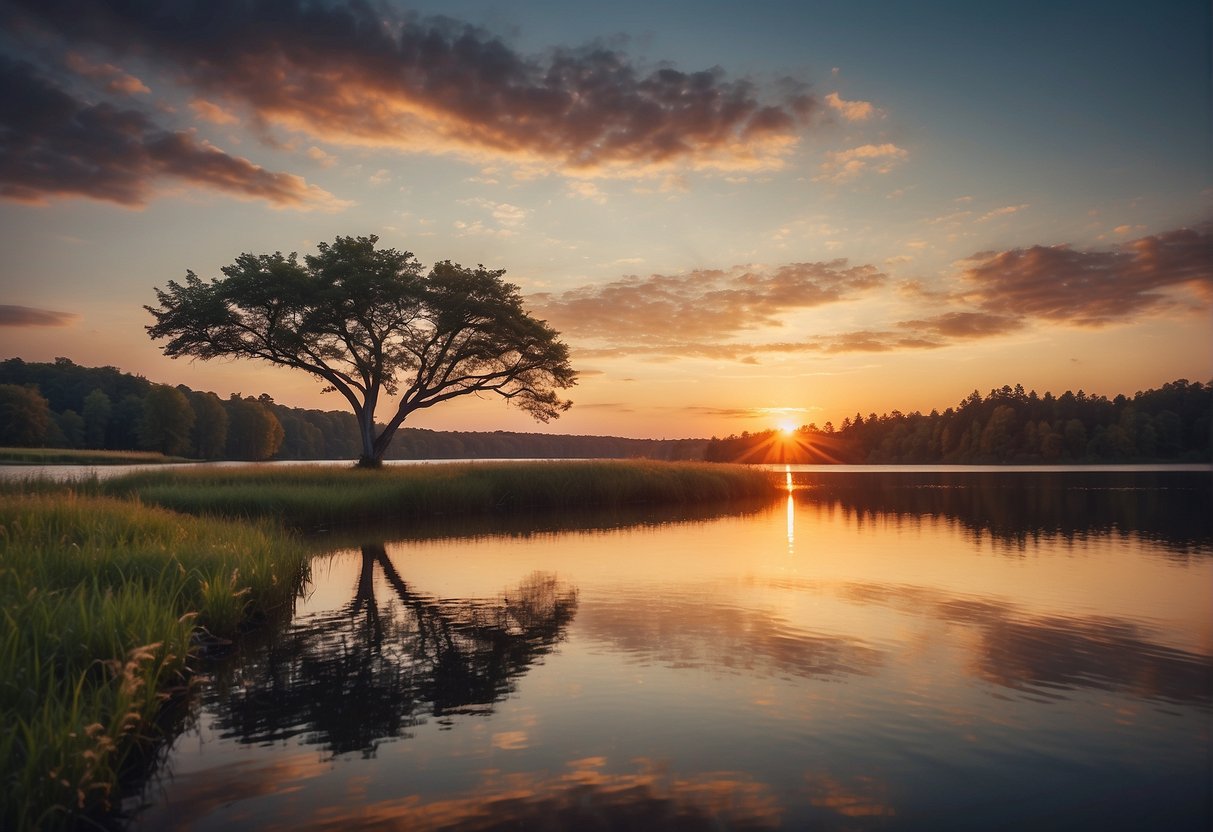 A serene landscape with a colorful sunset, a calm lake, and a lone tree, surrounded by uplifting gratitude quotes in elegant script