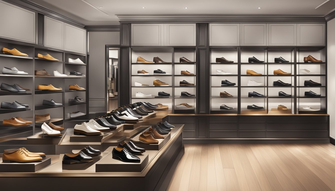 A display of elegant dress shoes in a high-end Singapore shoe boutique, with sleek designs and luxurious materials