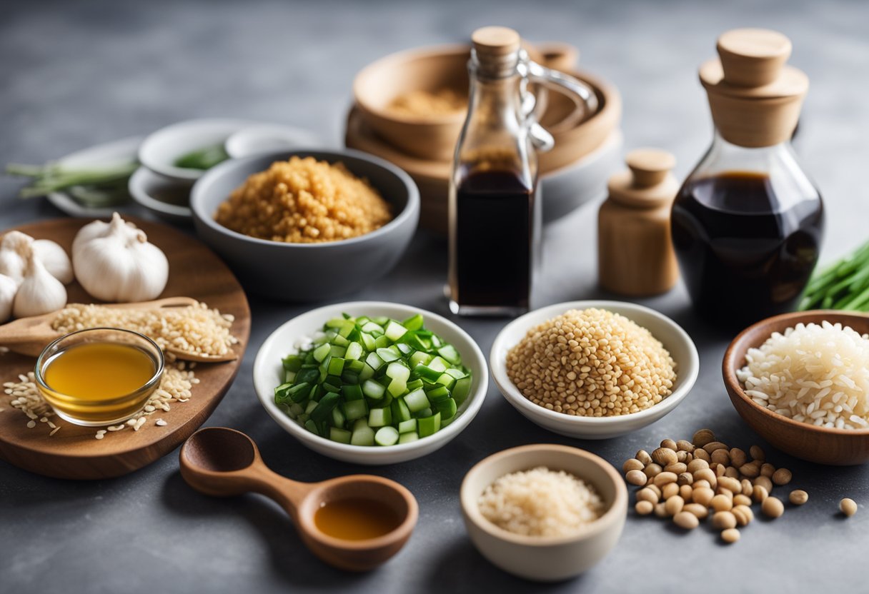 A table with various Chinese cooking ingredients: soy sauce, ginger, garlic, green onions, sesame oil, rice vinegar, and spices. Recipe books in the background