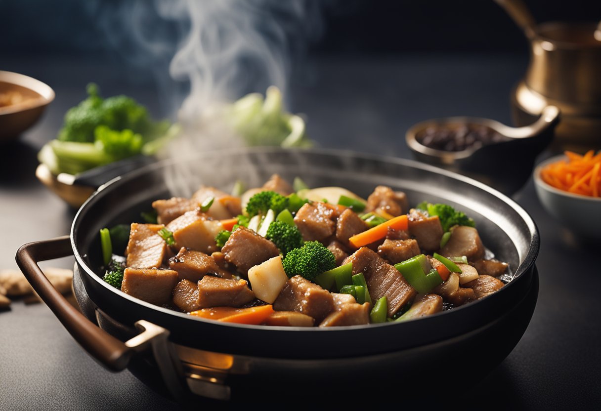 A steaming wok sizzles with chunks of tender pork and yam, stir-fried in a fragrant blend of soy sauce, ginger, and garlic