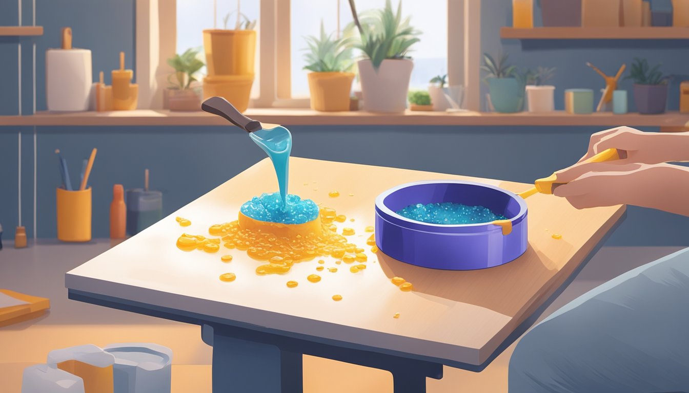 A hand pouring resin into a mold in a well-lit workspace