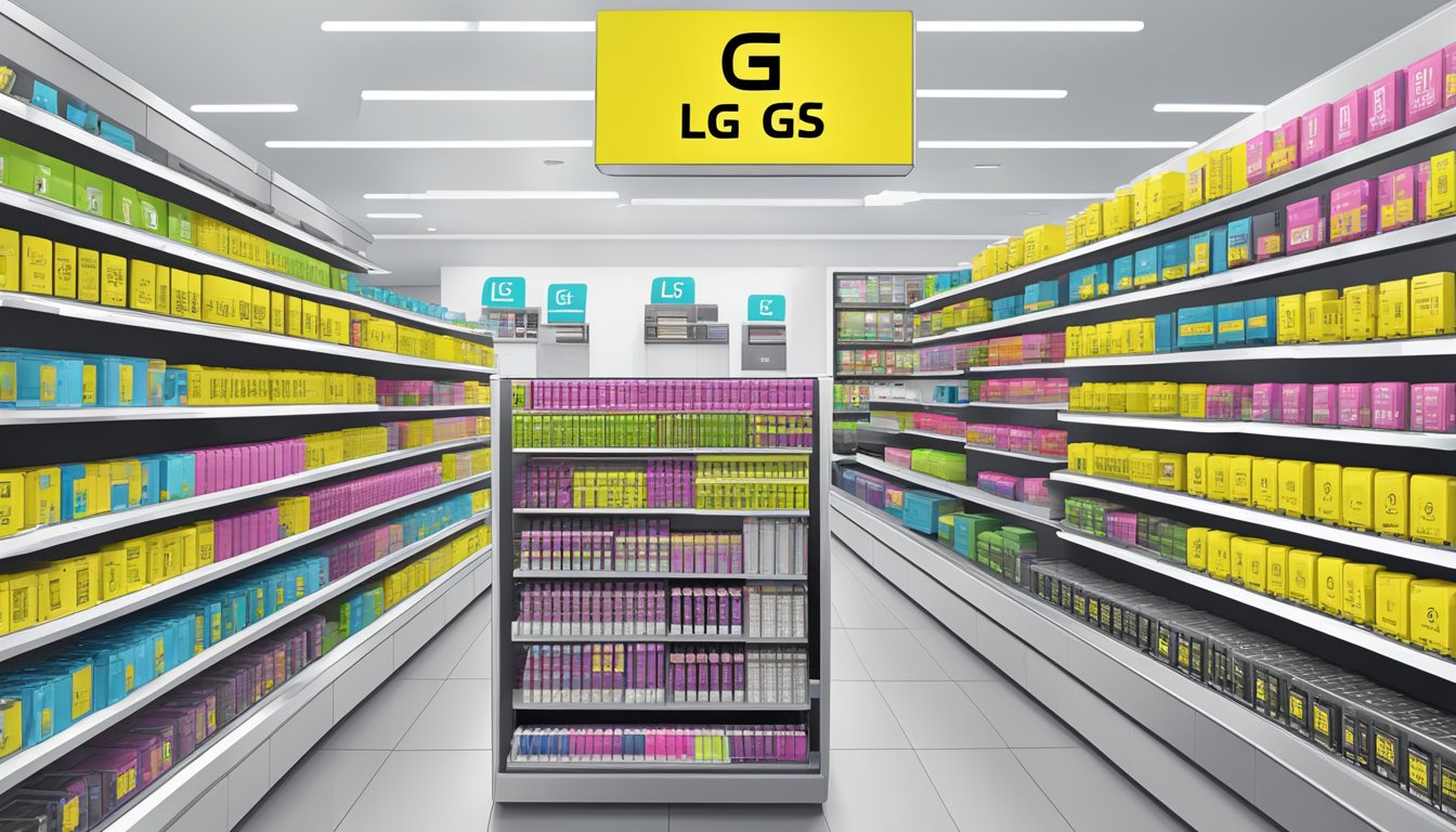 A bustling electronics store in Singapore displays shelves of LG G5 batteries, with a prominent sign indicating availability