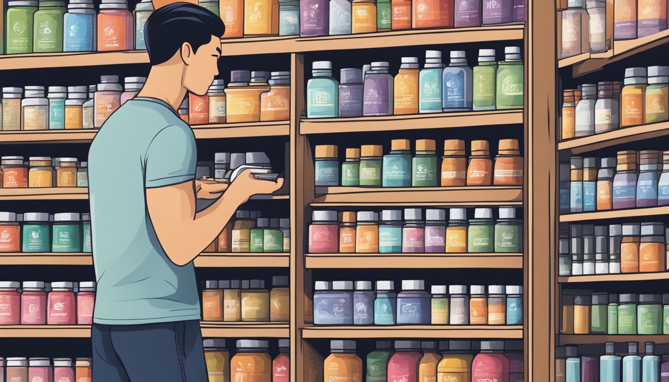 A person browsing through a variety of sarms products on a shelf in a store in Singapore