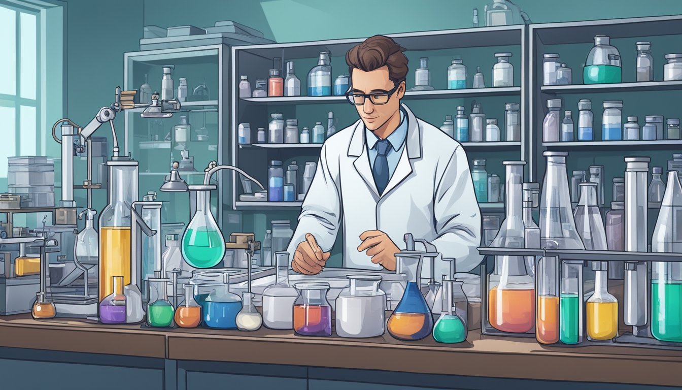 A scientist in a lab, surrounded by vials and equipment, studying SARMS literature and conducting experiments