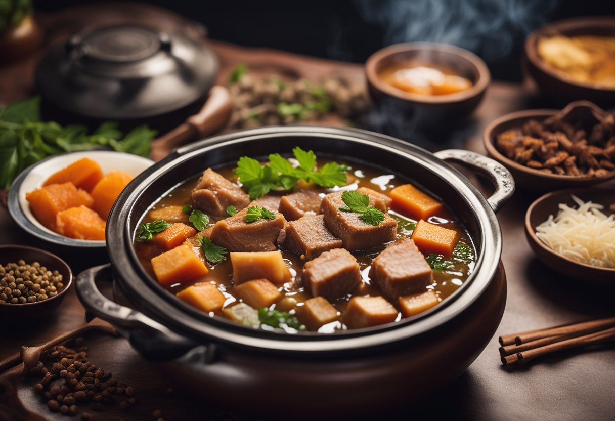 A traditional Chinese kitchen with a simmering pot of pork and yam stew, surrounded by aromatic spices and herbs