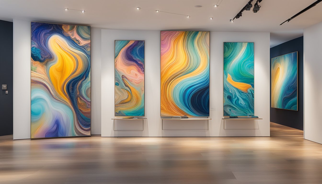 Vibrant colors and swirling patterns of resin art on display in a Singaporean studio