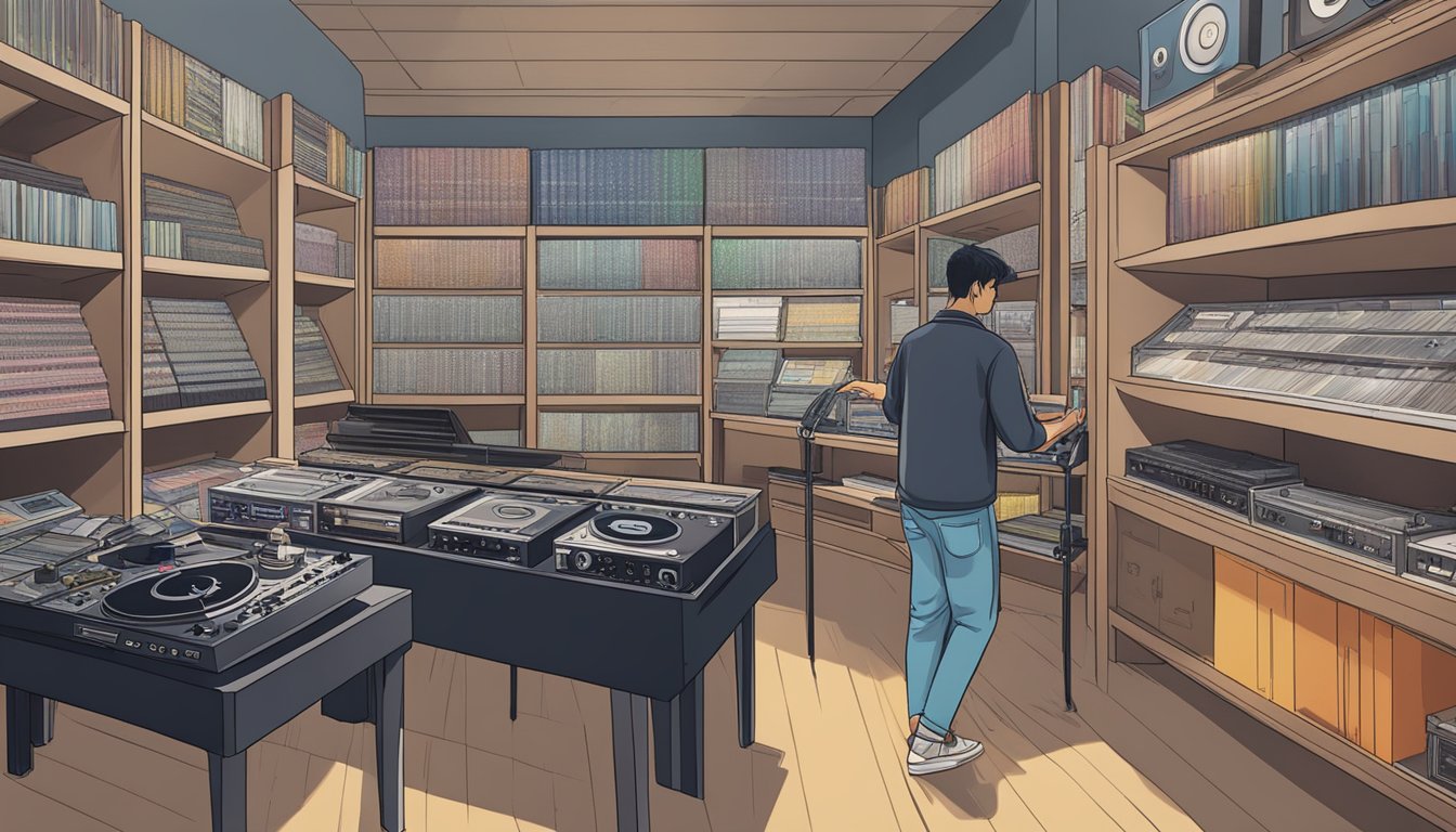 A person in a music store in Singapore purchases a turntable