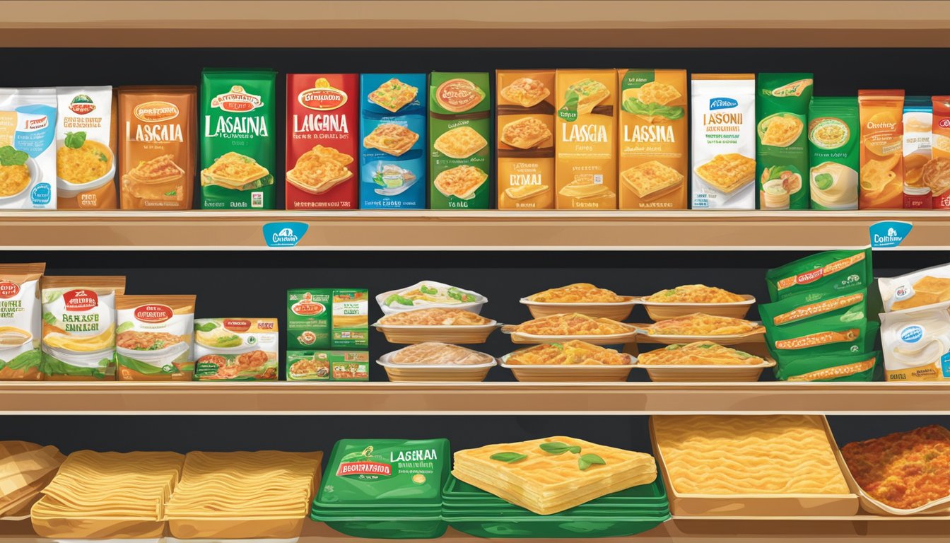 A grocery store shelf displays various brands of lasagna sheets in Singapore
