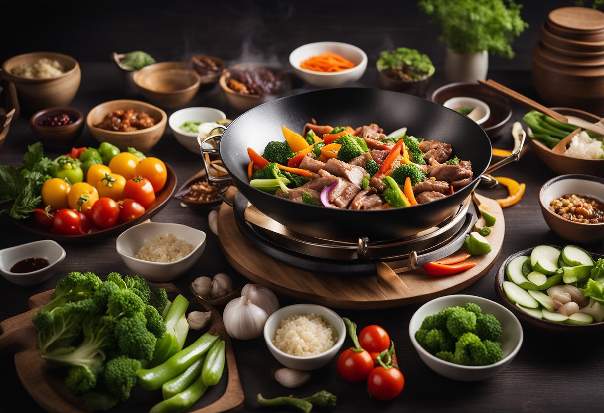 A sizzling wok filled with colorful vegetables, tender slices of meat, and aromatic sauces, surrounded by a variety of fresh ingredients and traditional Chinese cooking utensils