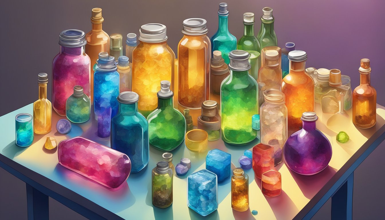 A table scattered with colorful bottles of resin, mixing tools, and various molds. A finished resin masterpiece sits in the center, catching the light