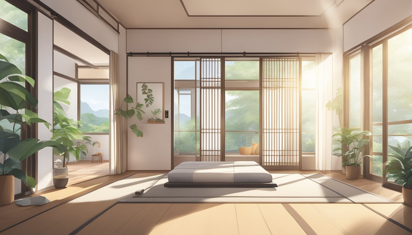 A room in Singapore with tatami mats, sunlight streaming in, and a minimalist decor