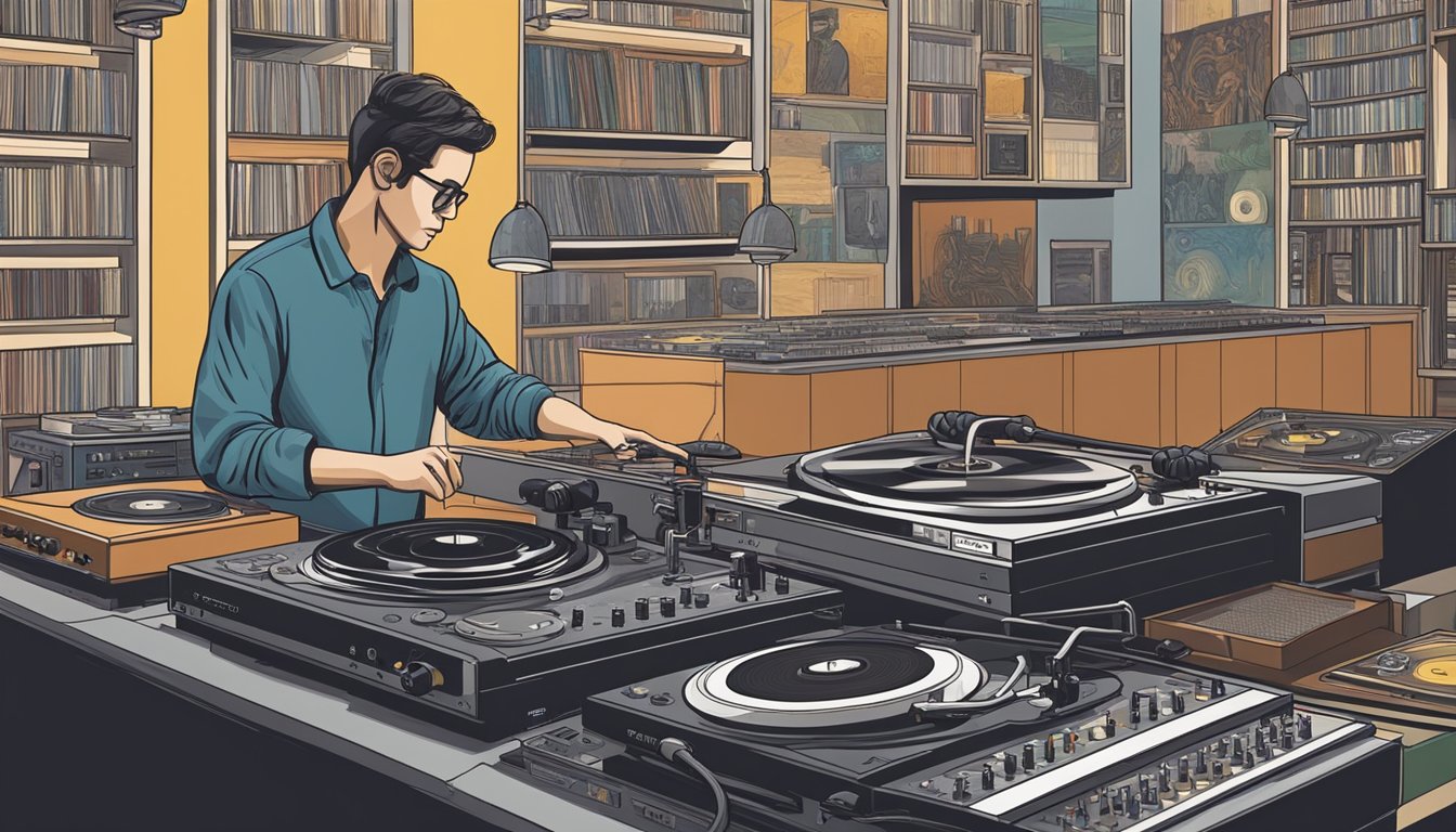 A person carefully selects a turntable from a variety of options in a music store