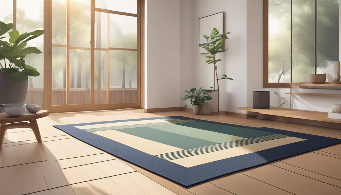 A tatami mat lies on a polished wooden floor, surrounded by minimalist decor and soft natural lighting, creating a serene and inviting living space