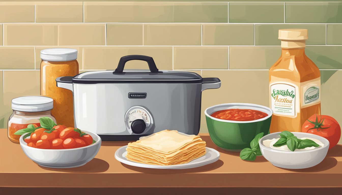 A kitchen counter with ingredients for lasagna, including a box of lasagna sheets, a pot of simmering tomato sauce, and a bowl of creamy ricotta cheese