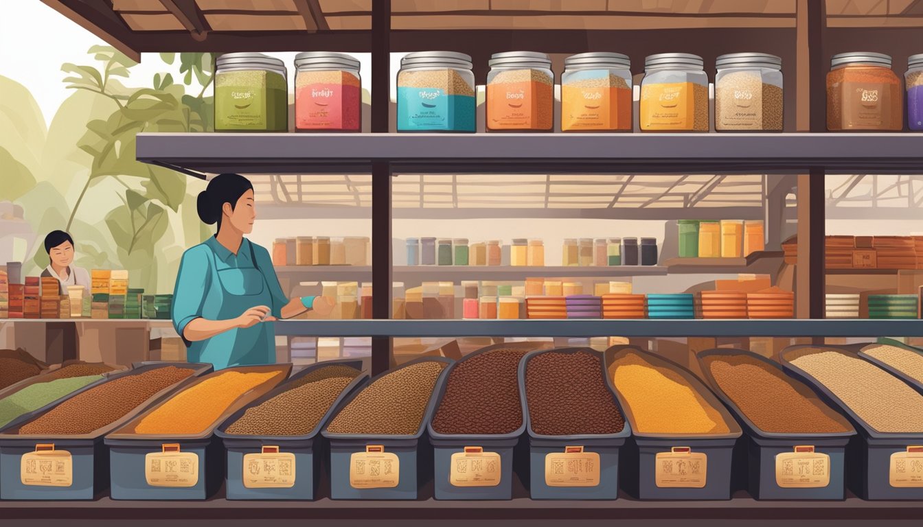 A quaint Singaporean market stall displays rows of traditional coffee powders in colorful packaging. Customers browse the selection, inhaling the rich aroma of freshly ground beans