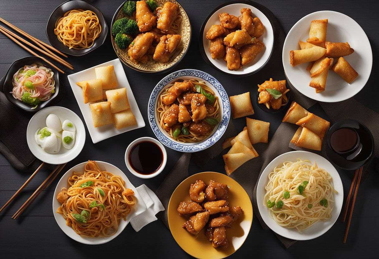 A table set with a variety of Chinese takeout dishes, including General Tso's chicken, lo mein, and egg rolls. Chopsticks and fortune cookies on the side