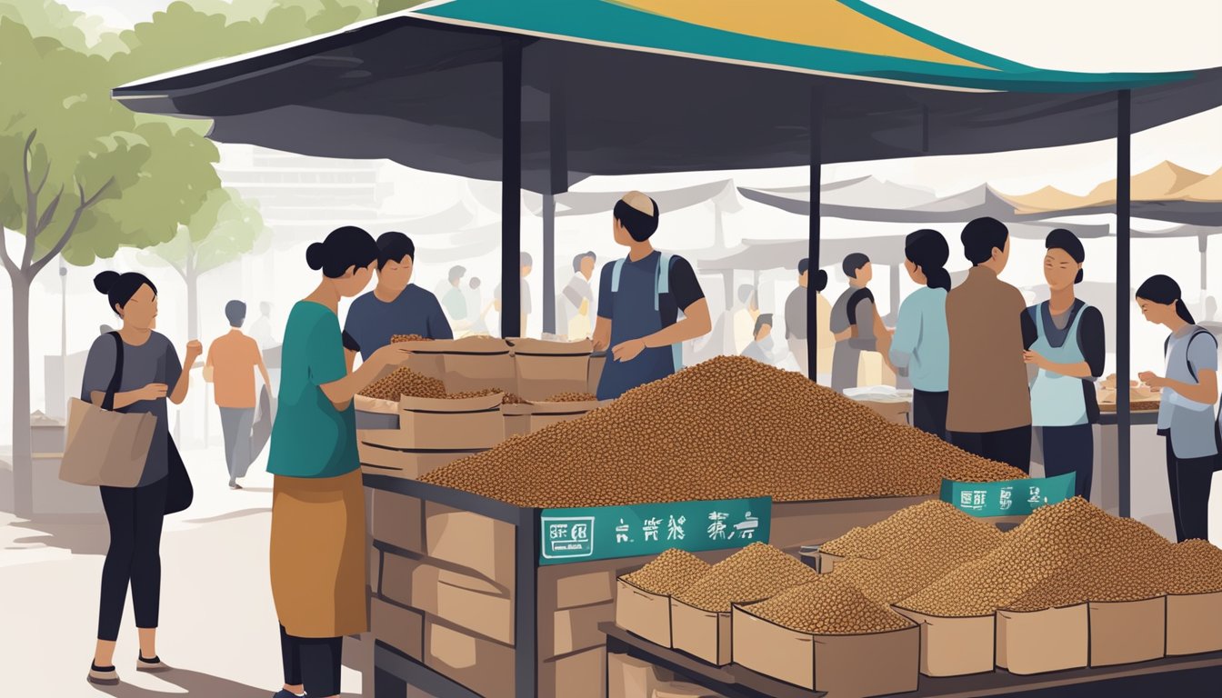 A bustling Singaporean market stall displays bags of traditional coffee powder, with colorful signage promoting its authenticity