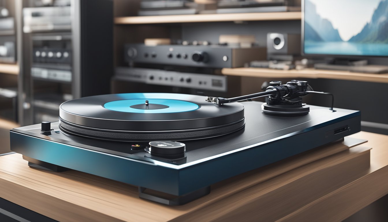 A turntable sits on a sleek display shelf in a modern electronics store in Singapore, surrounded by other high-quality audio equipment