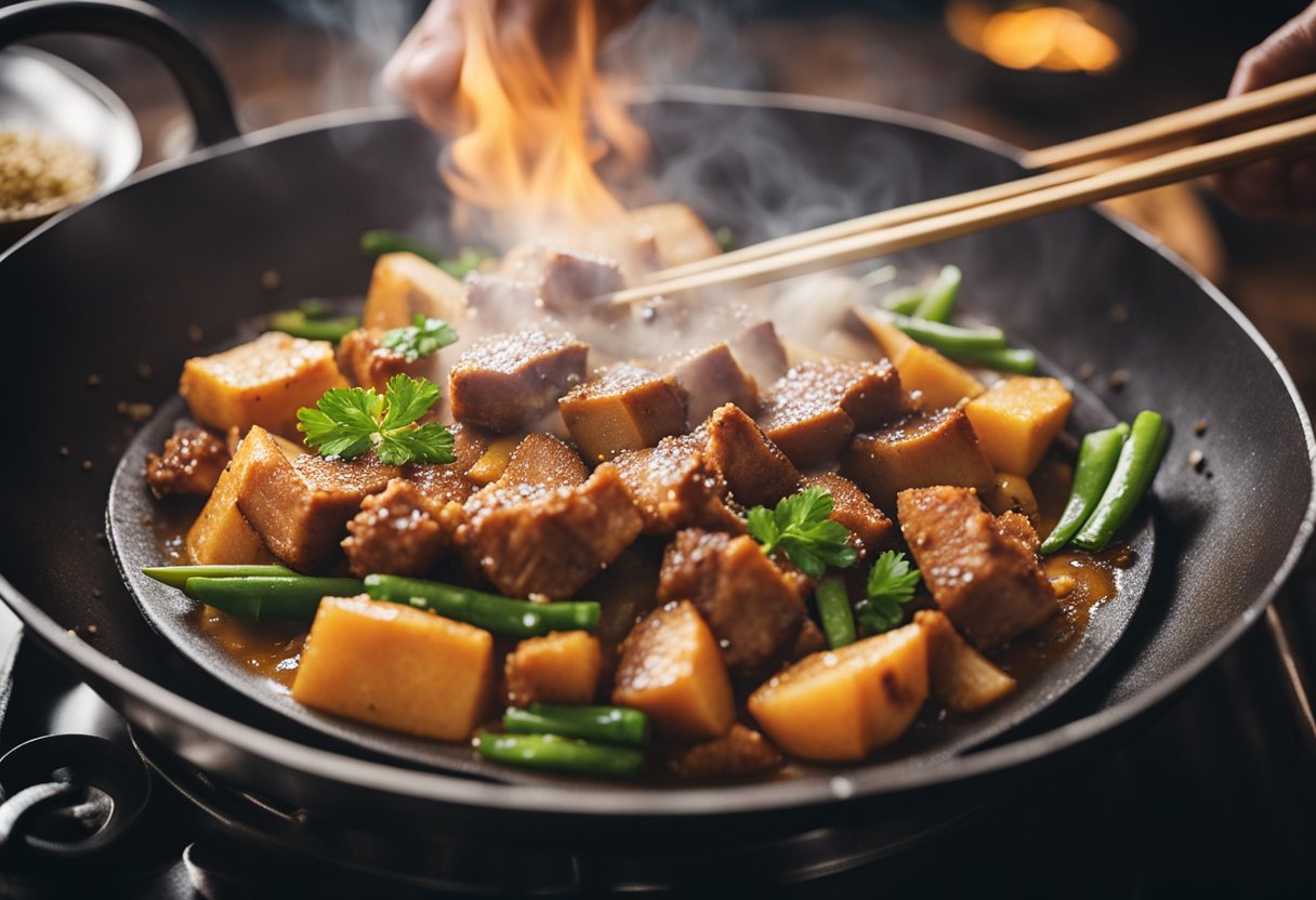 Sizzling pork and yam stir-frying in a wok over high heat, with steam rising and aromatic spices filling the air