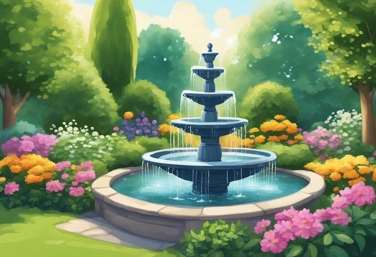 A serene garden with a bubbling fountain surrounded by lush greenery and colorful flowers, creating a peaceful and tranquil atmosphere