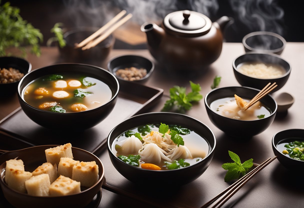A table set with bowls of steaming Chinese soups and appetizers, surrounded by chopsticks and a teapot. Steam rises from the dishes, creating a warm and inviting atmosphere