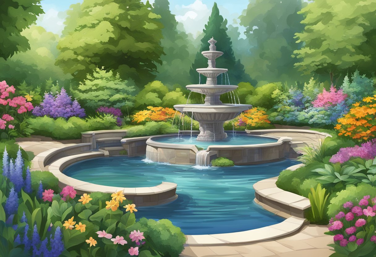 A tranquil garden with a variety of water features, including fountains, ponds, and waterfalls, surrounded by lush greenery and colorful flowers