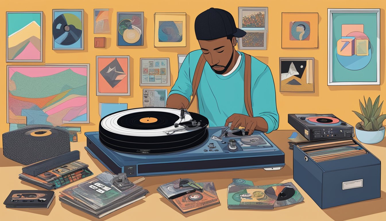 A turntable with a "Frequently Asked Questions" sign, surrounded by a diverse range of vinyl records and a customer browsing through the selection