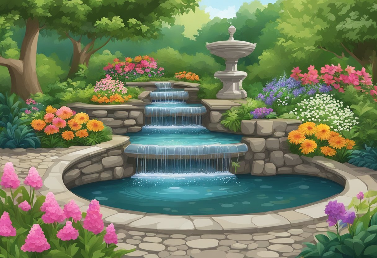 A tranquil garden with flowing water features, such as a bubbling fountain or meandering stream, surrounded by lush greenery and vibrant flowers