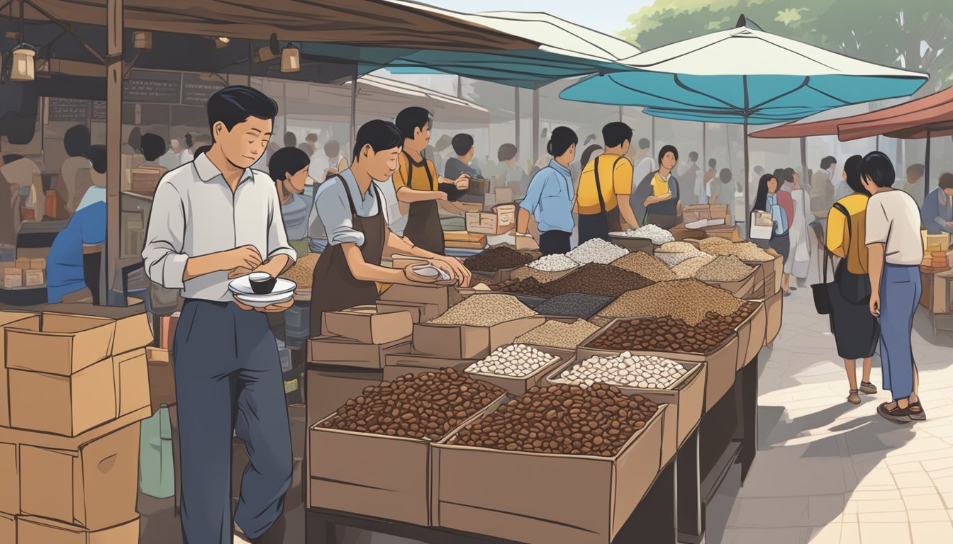 A bustling Singapore market stall displays bags of traditional coffee powder for sale. Customers inquire about the product as the vendor answers their questions
