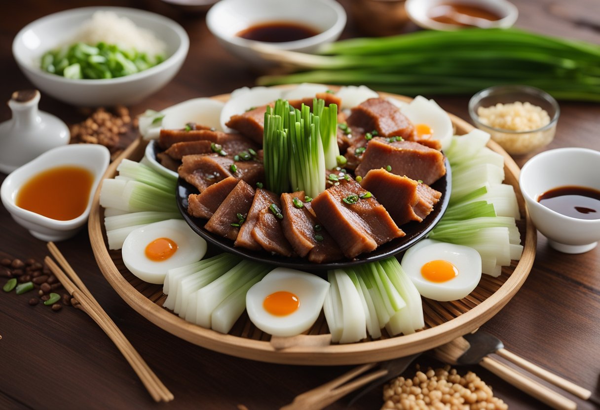 A table set with a steaming plate of Chinese pork and yam, surrounded by small dishes of soy sauce, chili oil, and green onions