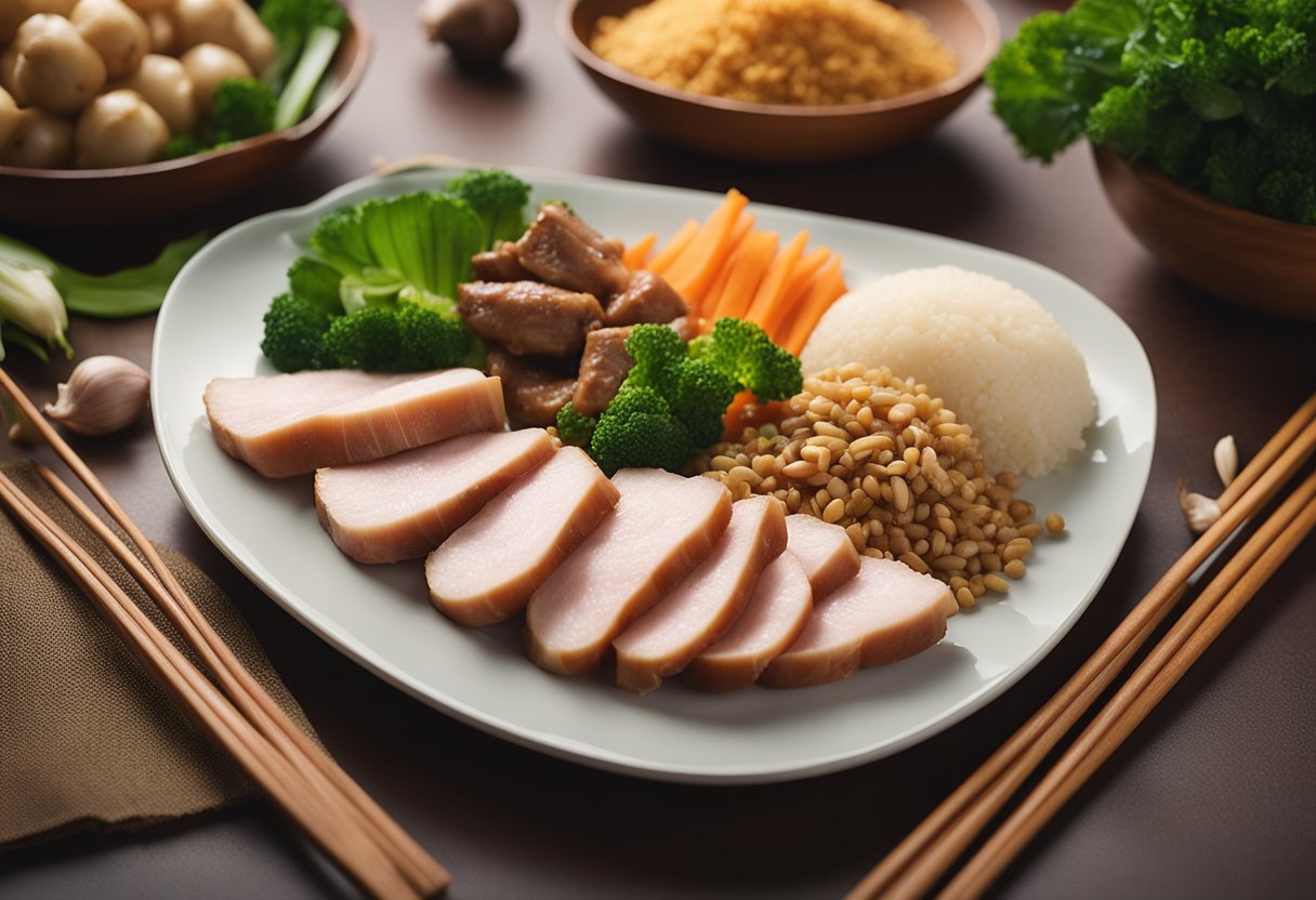 A plate of Chinese pork and yam, surrounded by ingredients like ginger, garlic, and soy sauce. A nutrition label with health benefits displayed next to the dish