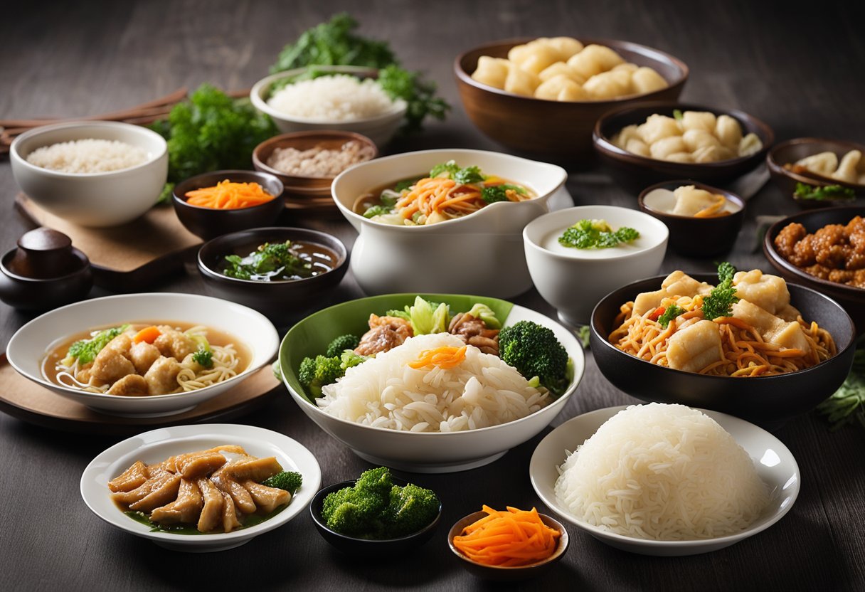A table set with various rice and noodle dishes, including stir-fries, dumplings, and soups. Ingredients like vegetables, tofu, and meats are visible
