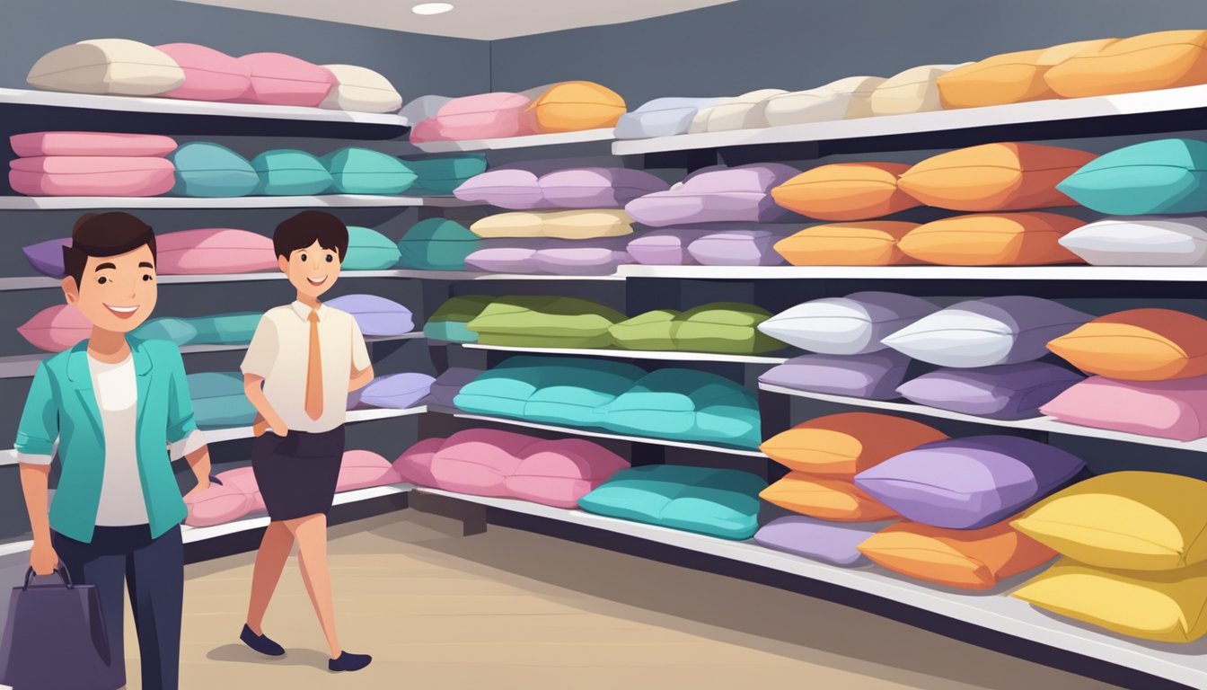A bright, modern bedding store in Singapore displays a variety of latex pillows on shelves, with a helpful salesperson assisting a customer