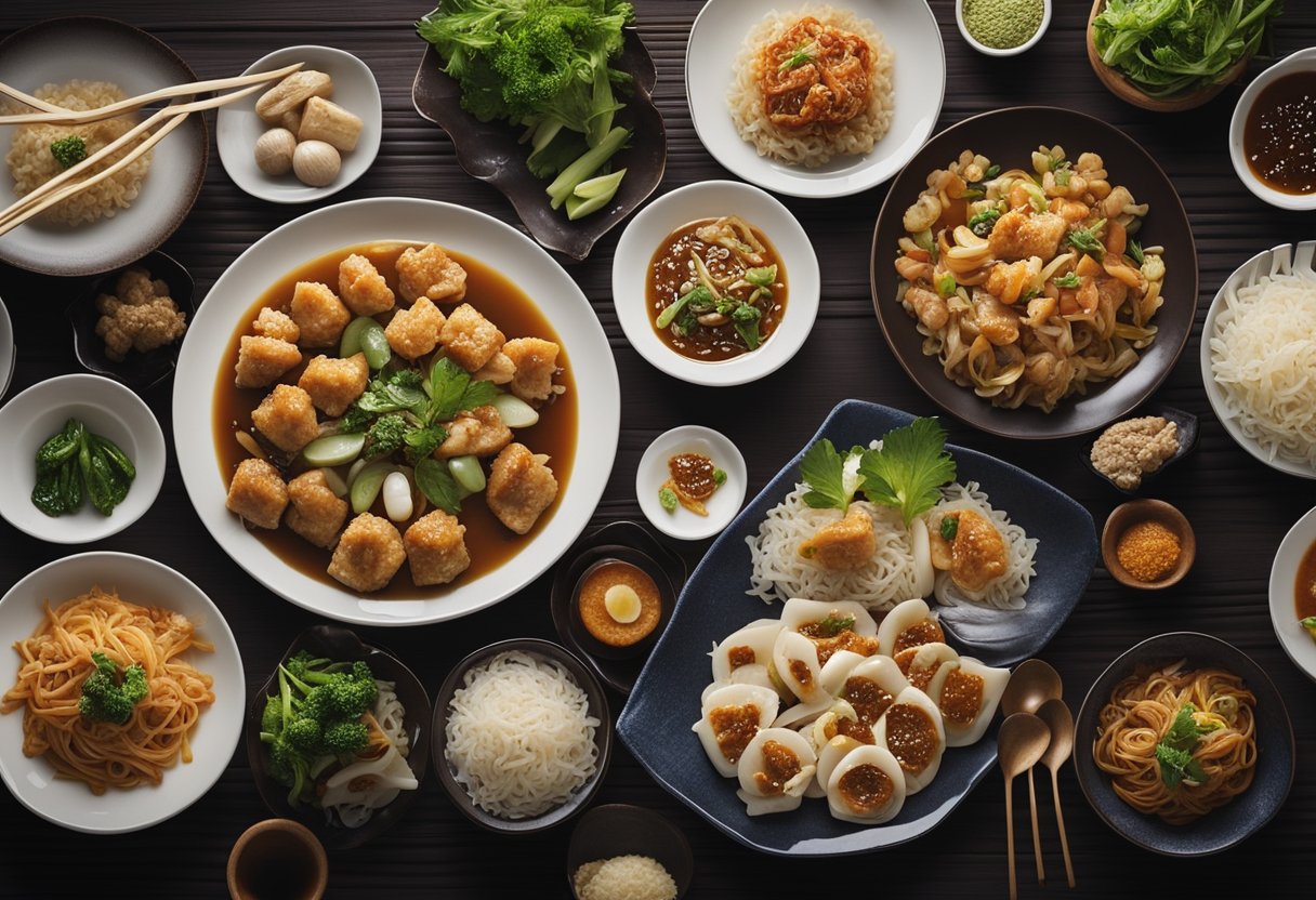 A table with a variety of Chinese dishes neatly arranged, with ingredients and cooking utensils nearby