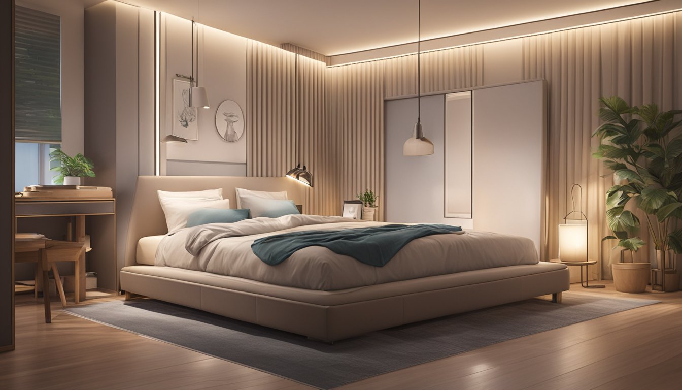 A cozy bedroom with a latex pillow on a comfortable bed, surrounded by soft lighting and a serene atmosphere. A nearby sign points to a store in Singapore selling latex pillows