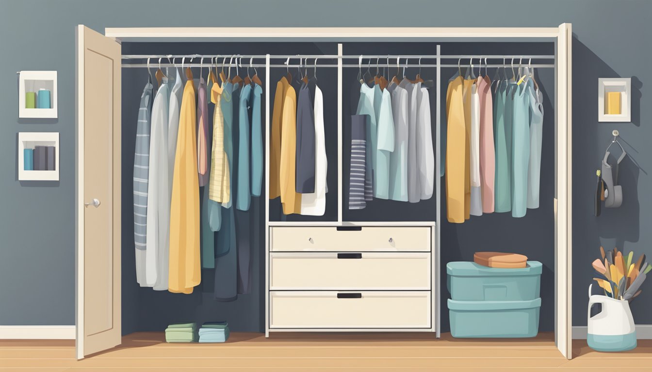 A closet filled with neatly organized hangers of various types and sizes, with a small table nearby holding a bottle of gentle cleaning solution and a soft cloth