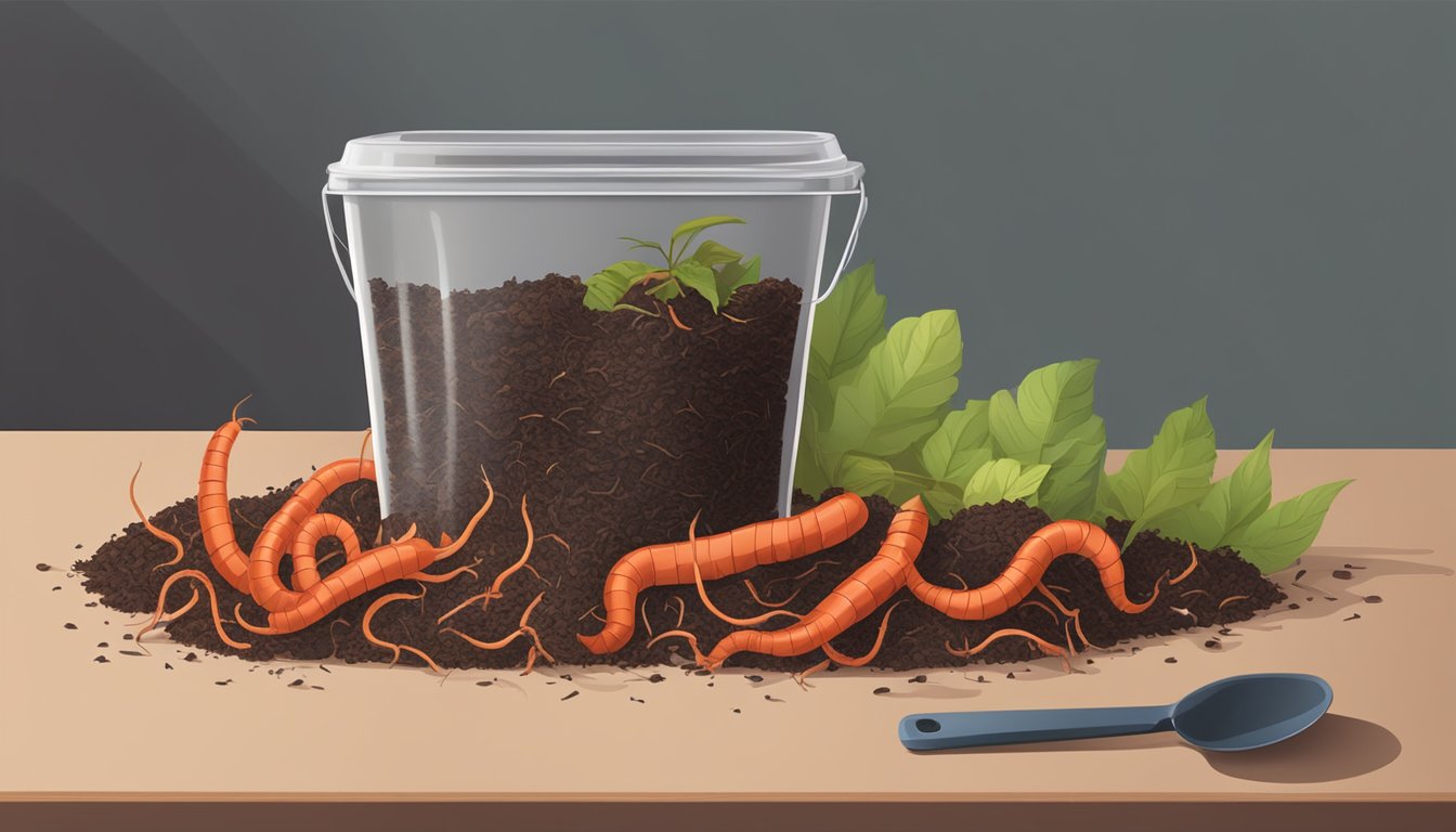 A table with a clear container filled with red worms and organic waste. A small shovel and a pile of compost materials nearby