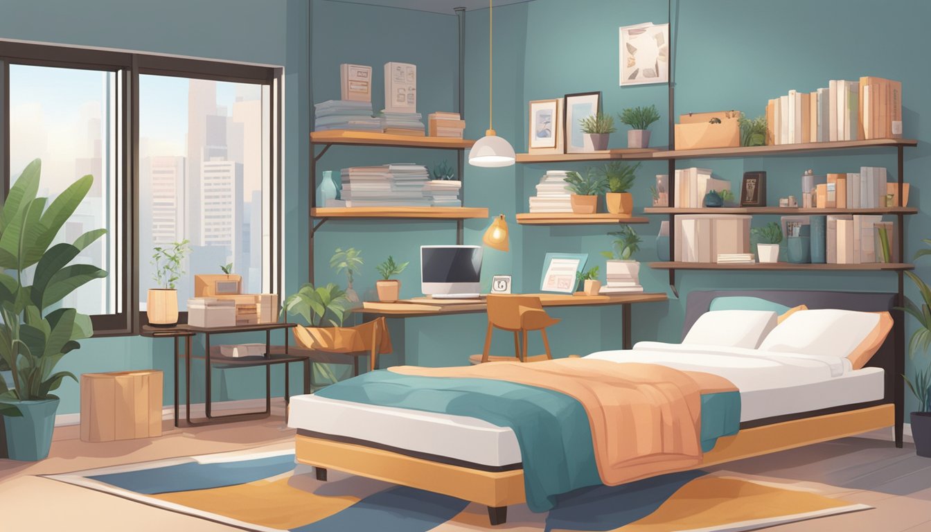 A cozy bedroom with a shelf filled with latex pillows, a sign indicating "Latex Pillows for Sale in Singapore," and a friendly salesperson assisting a customer