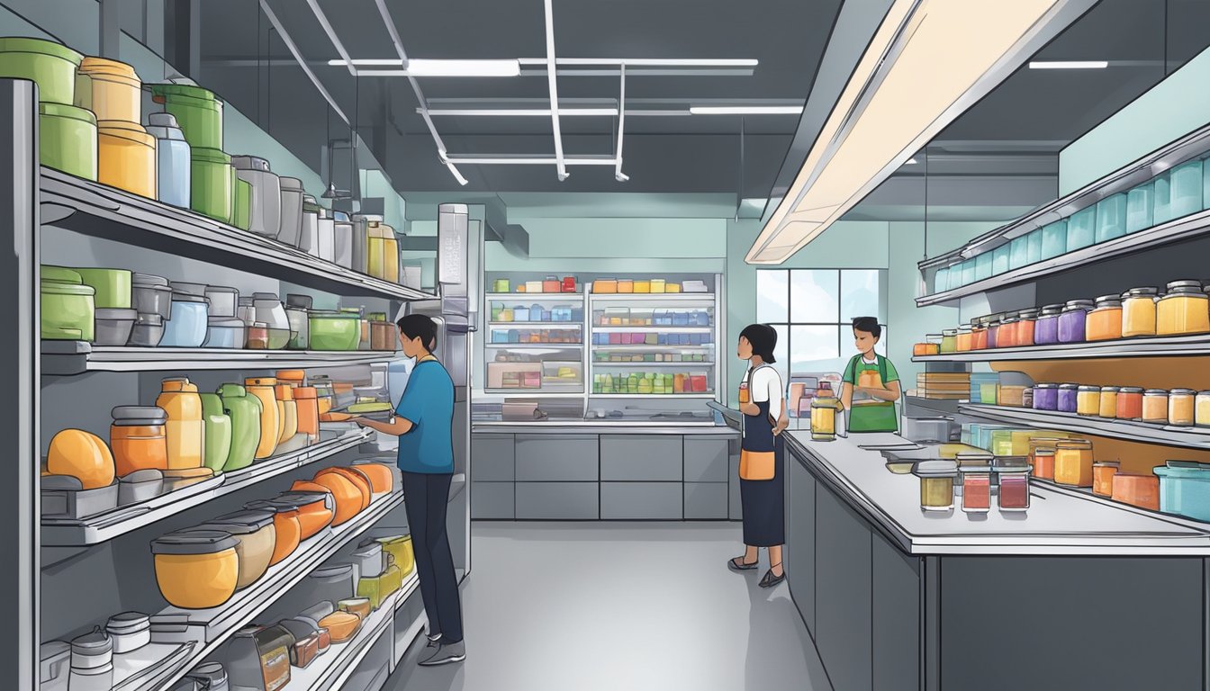 A bustling kitchenware store in Singapore displays a range of Vitamix blenders on sleek, modern shelves. Bright lighting highlights the products, and a helpful sales associate assists a customer in making a purchase