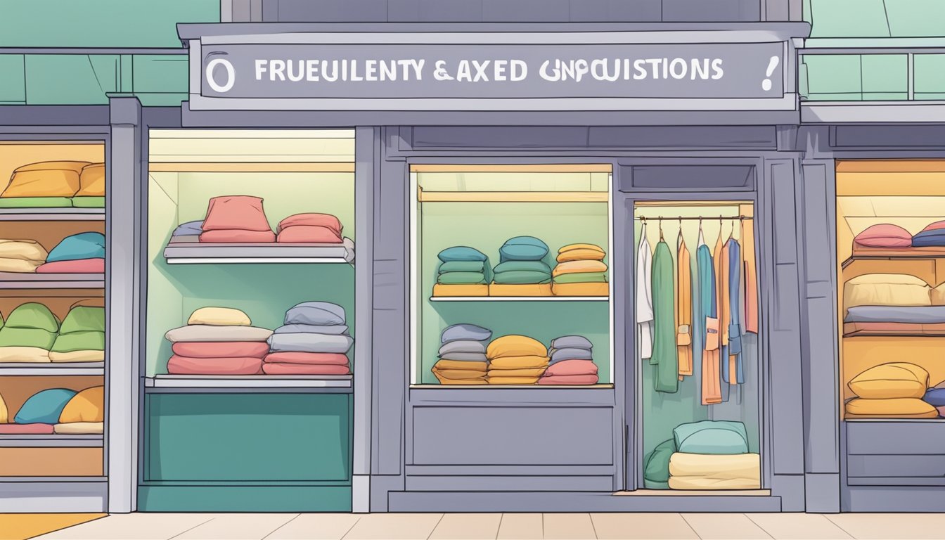 A bright, modern store in Singapore displays a variety of latex pillows, with a sign indicating "Frequently Asked Questions: where to buy latex pillow in Singapore."