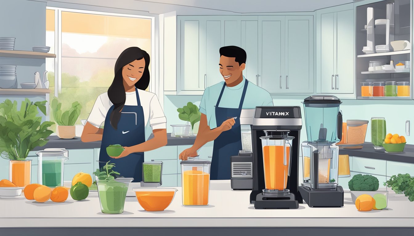 A bright, modern kitchen with sleek countertops and shelves displaying various models of Vitamix blenders. A friendly salesperson assists a customer in selecting the perfect blender