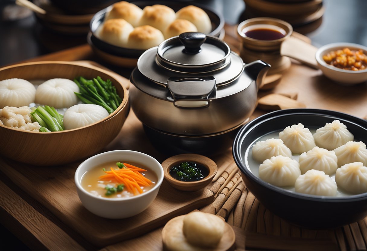 A table set with steaming bowls of congee, fried dough sticks, and tea. A bamboo steamer holds fluffy buns and dumplings. A small dish of pickled vegetables adds color to the spread
