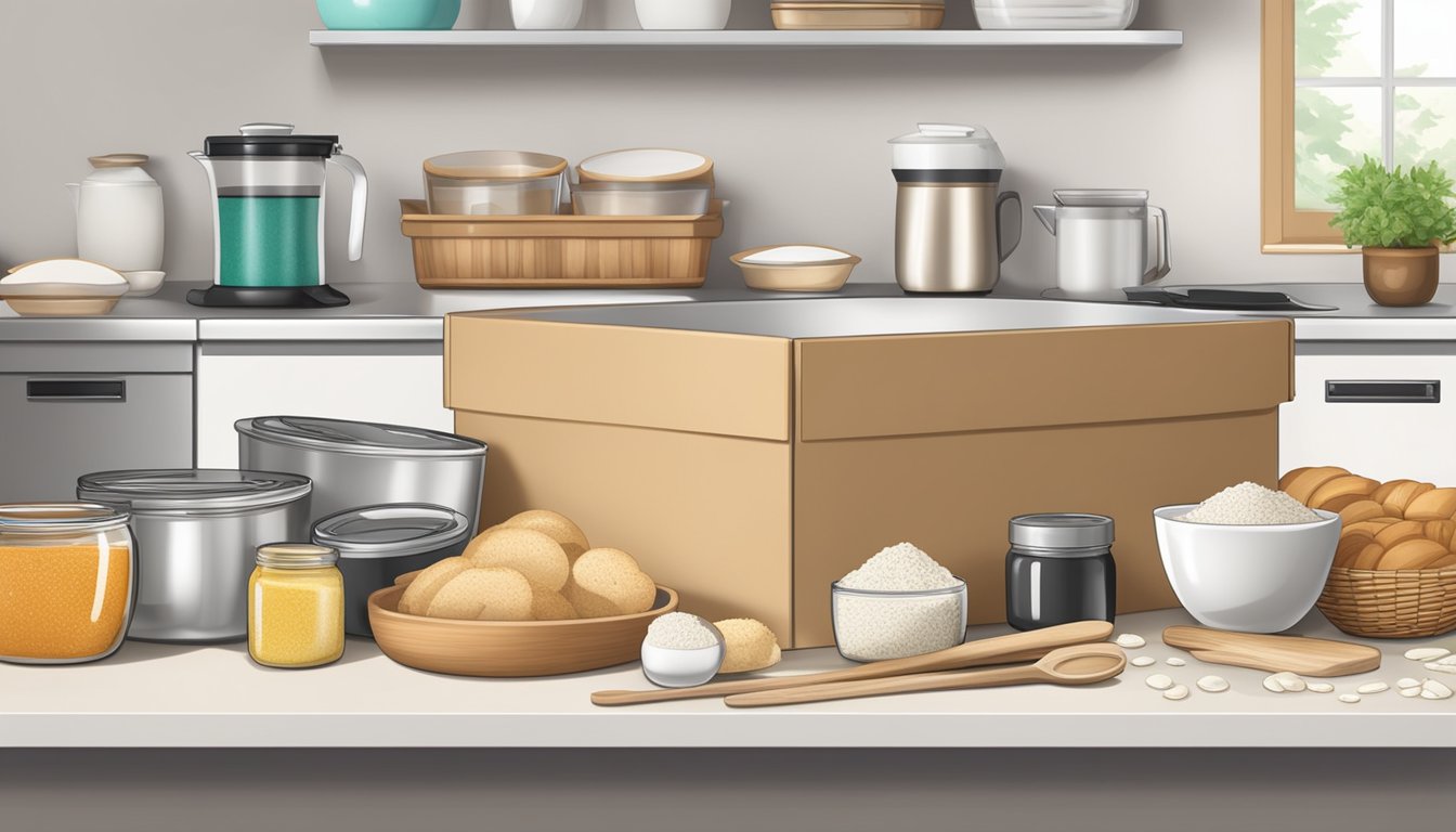 A kitchen counter filled with baking ingredients and utensils, with a Phoon Huat online order box in the background