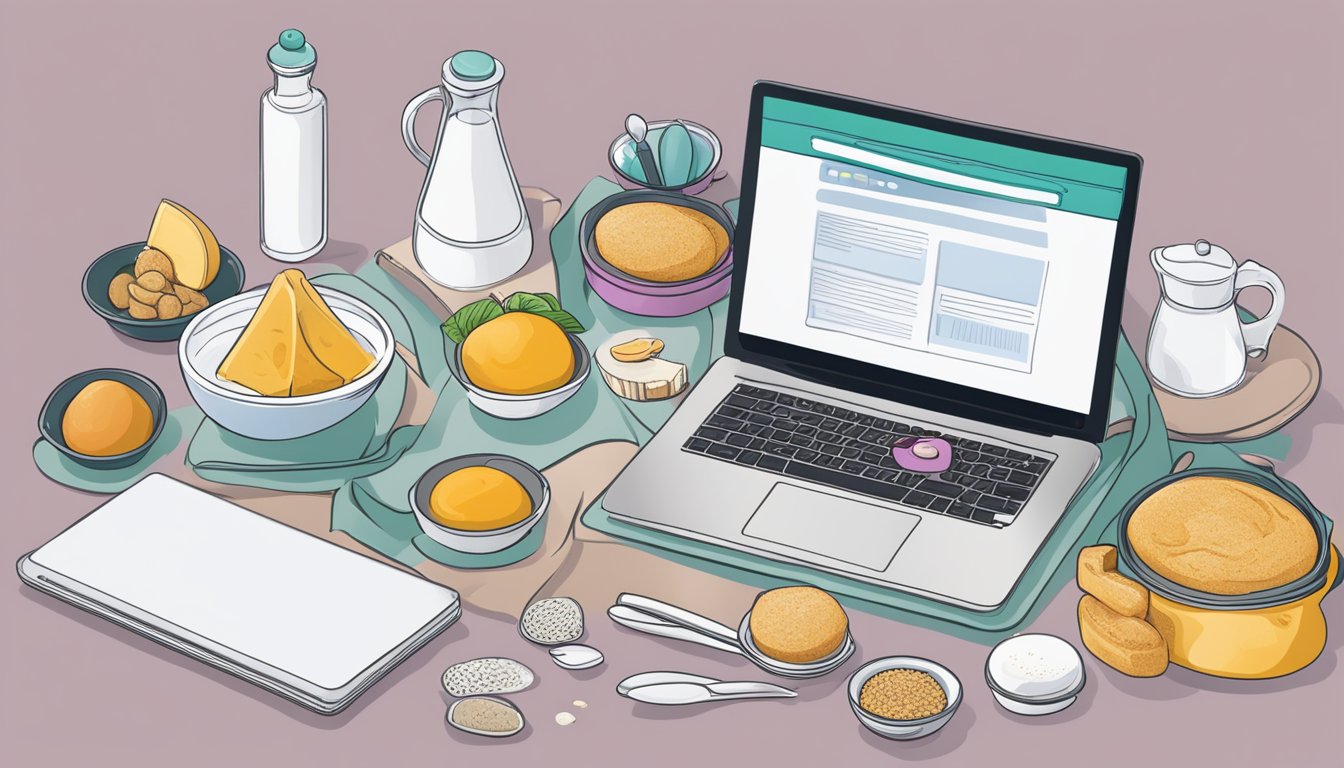 A laptop displaying the Phoon Huat website with a "Frequently Asked Questions" section open, surrounded by baking ingredients and utensils