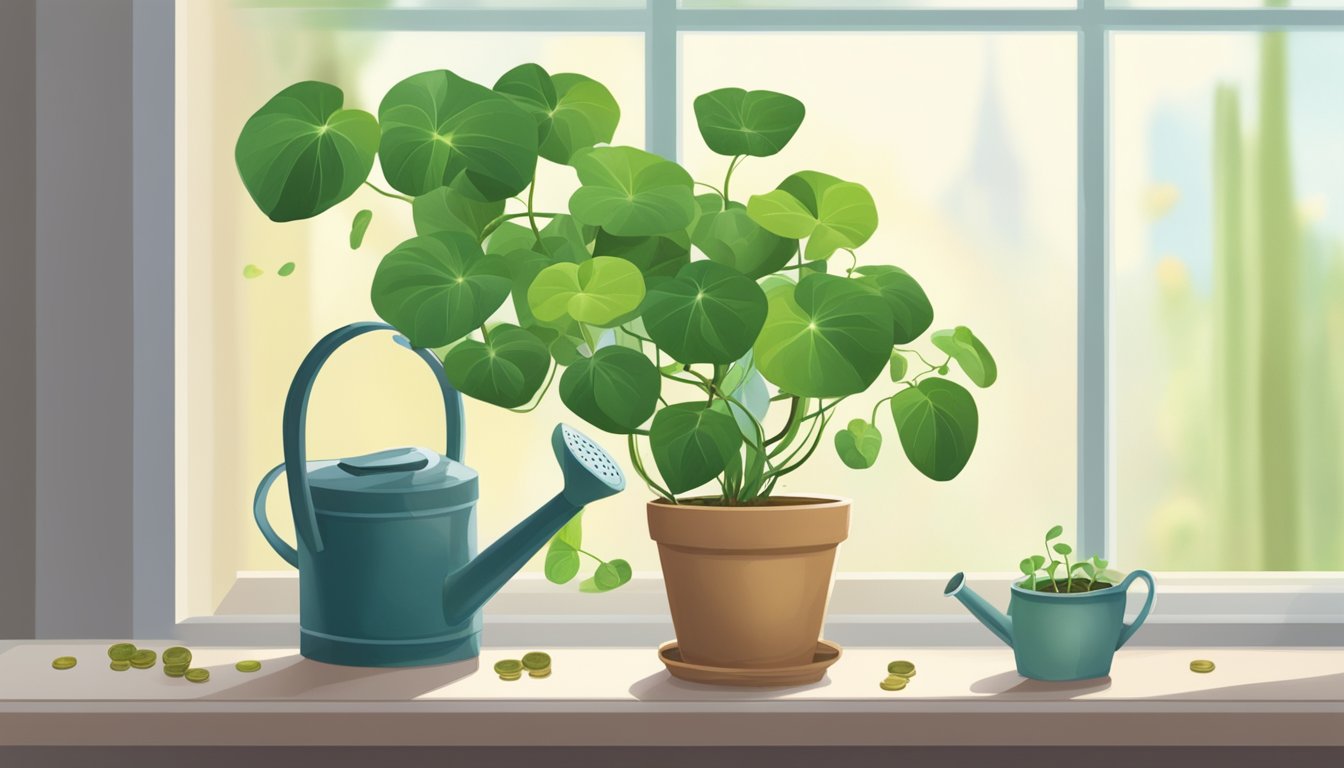 A lush money plant sits in a ceramic pot on a sunny windowsill, surrounded by a few scattered coins and a small watering can