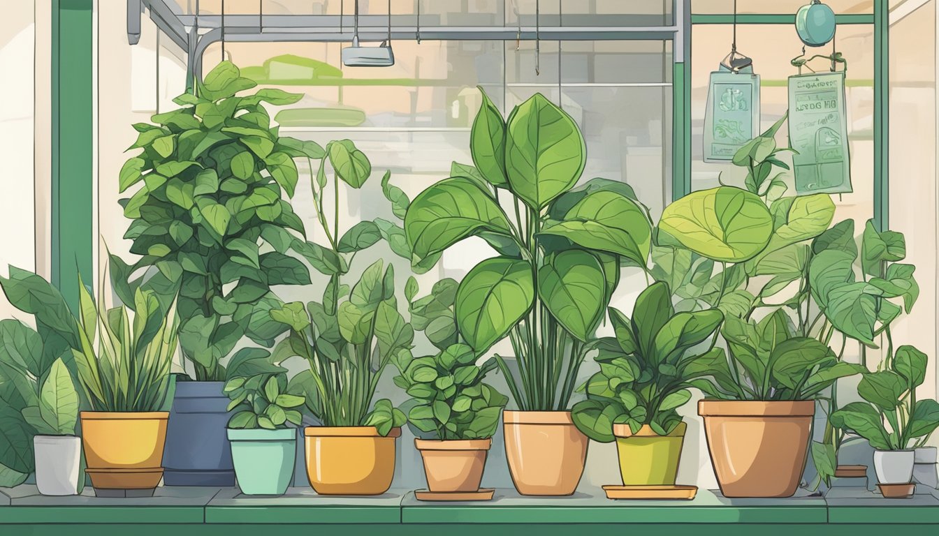 A lush green money plant sits in a vibrant pot, surrounded by a variety of other potted plants. A sign reading "Frequently Asked Questions: where to buy money plant in Singapore" is prominently displayed nearby
